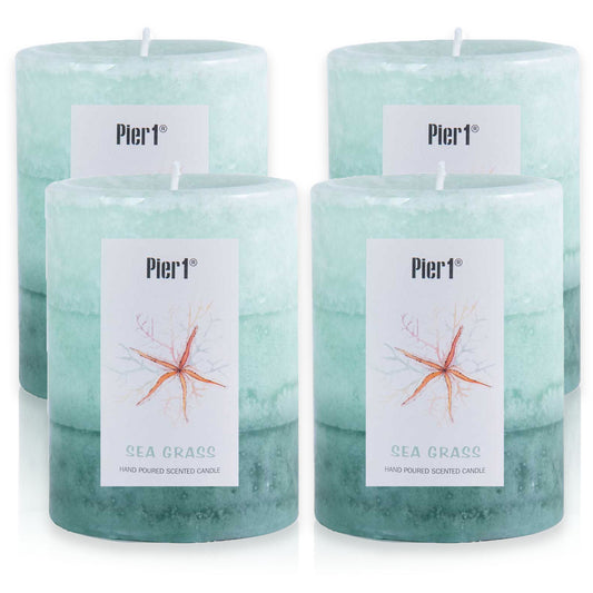 Pier 1 Sea Grass Layered 3x4 Set of 4 Pillar Candles - The Home Resolution