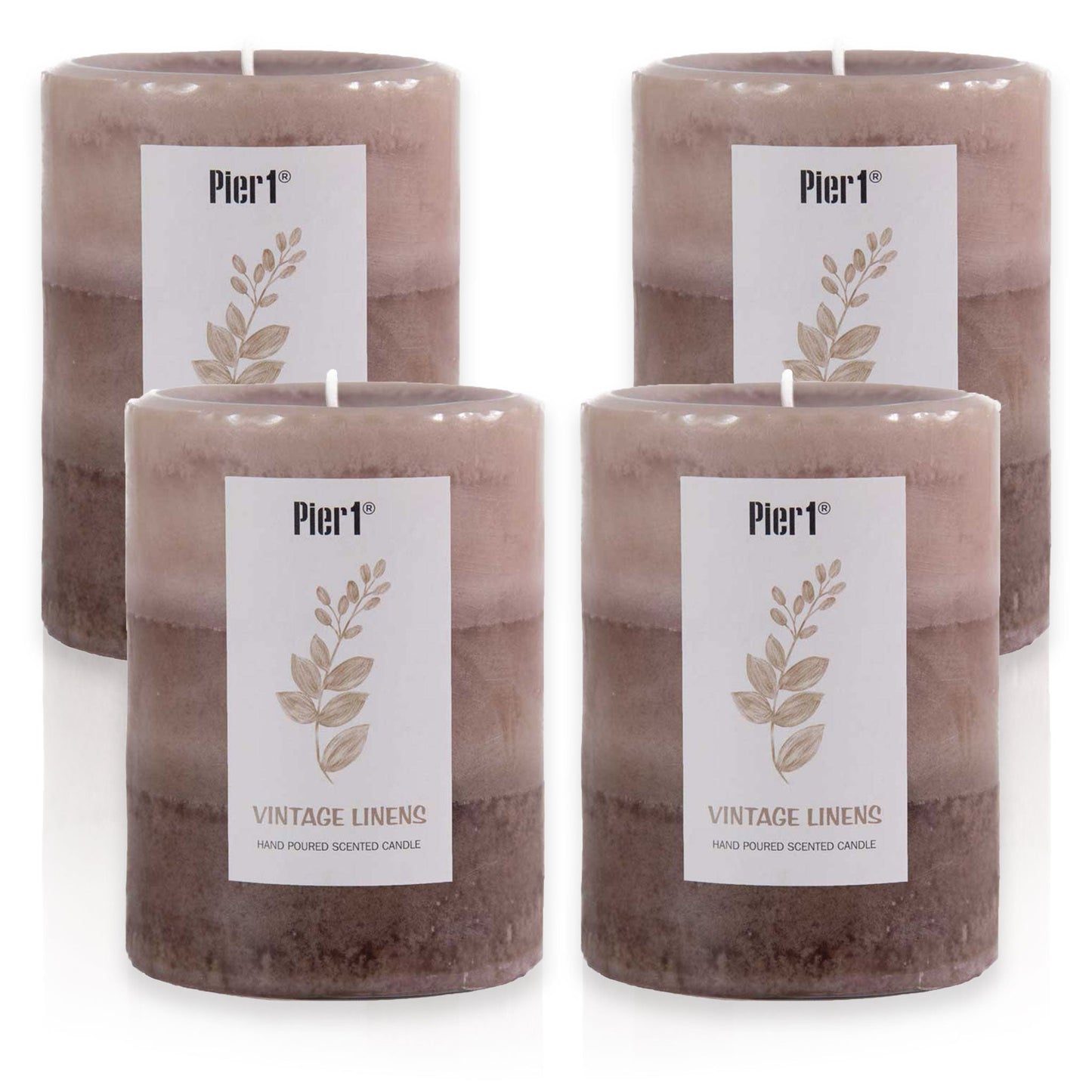 Pier 1 Vintage Linens Layered 3x4 Set of 4 Pillar Candles - The Home Resolution