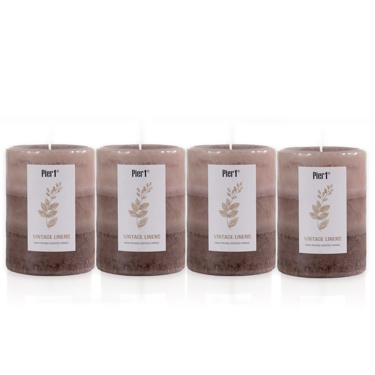 Pier 1 Vintage Linens Layered 3x4 Set of 4 Pillar Candles - The Home Resolution