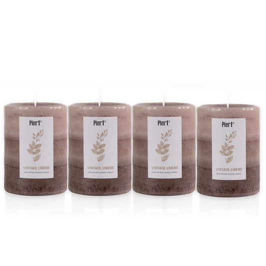 Pier 1 Vintage Linens Layered 3x4 Set of 4 Pillar Candles - The Home Resolution