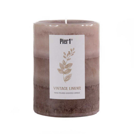 Pier 1 Vintage Linens Layered 3x4 Pillar Candle - The Home Resolution